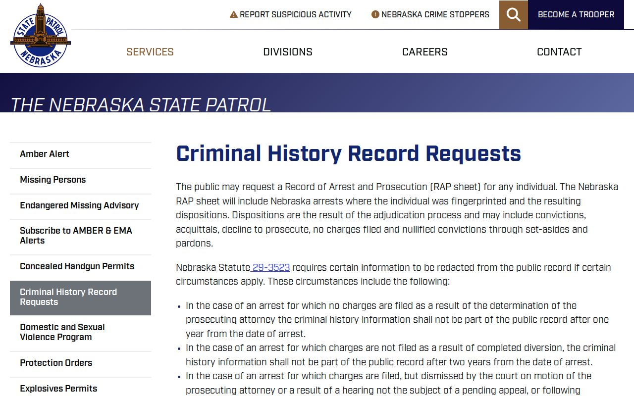Nebraska State Patrol criminal history request instructions used for Polk County checks
