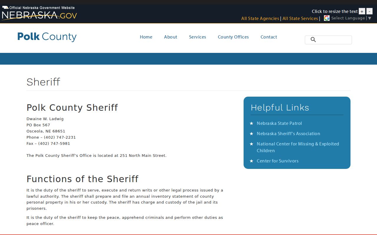 Polk County Sheriff contact and duties page for local criminal records